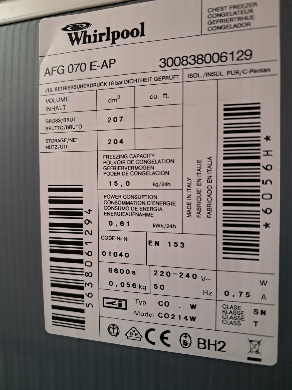 Whirlpool vriezer AFG 070 E-AP