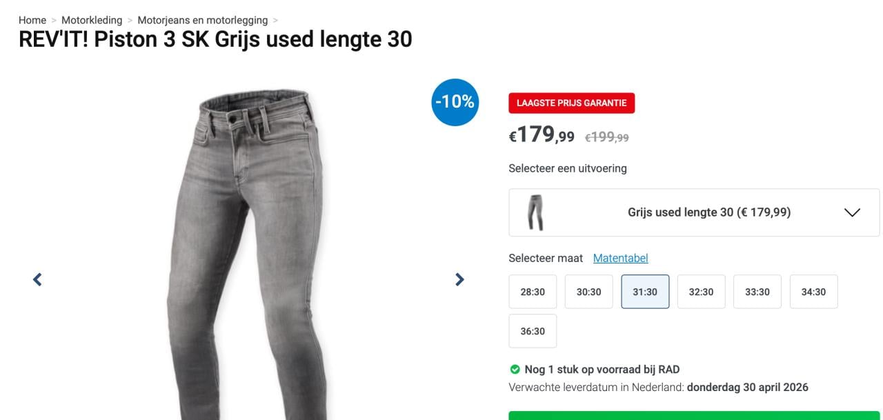 REV'IT! Piston 3 SK Grijs. Revit Skinny MotorJeans