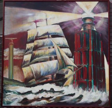 Acryl schilderij Westkapelle, denkbeeldige passage tall-ship