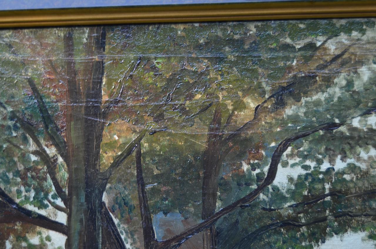 Olieverf op doek Landweg, boerin met kruiwagen J Millinger