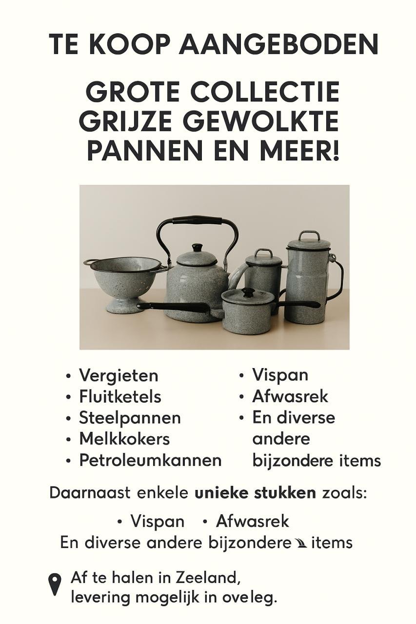 Collectie grijs gewolkte emaille pannen / vintage keukengoed.