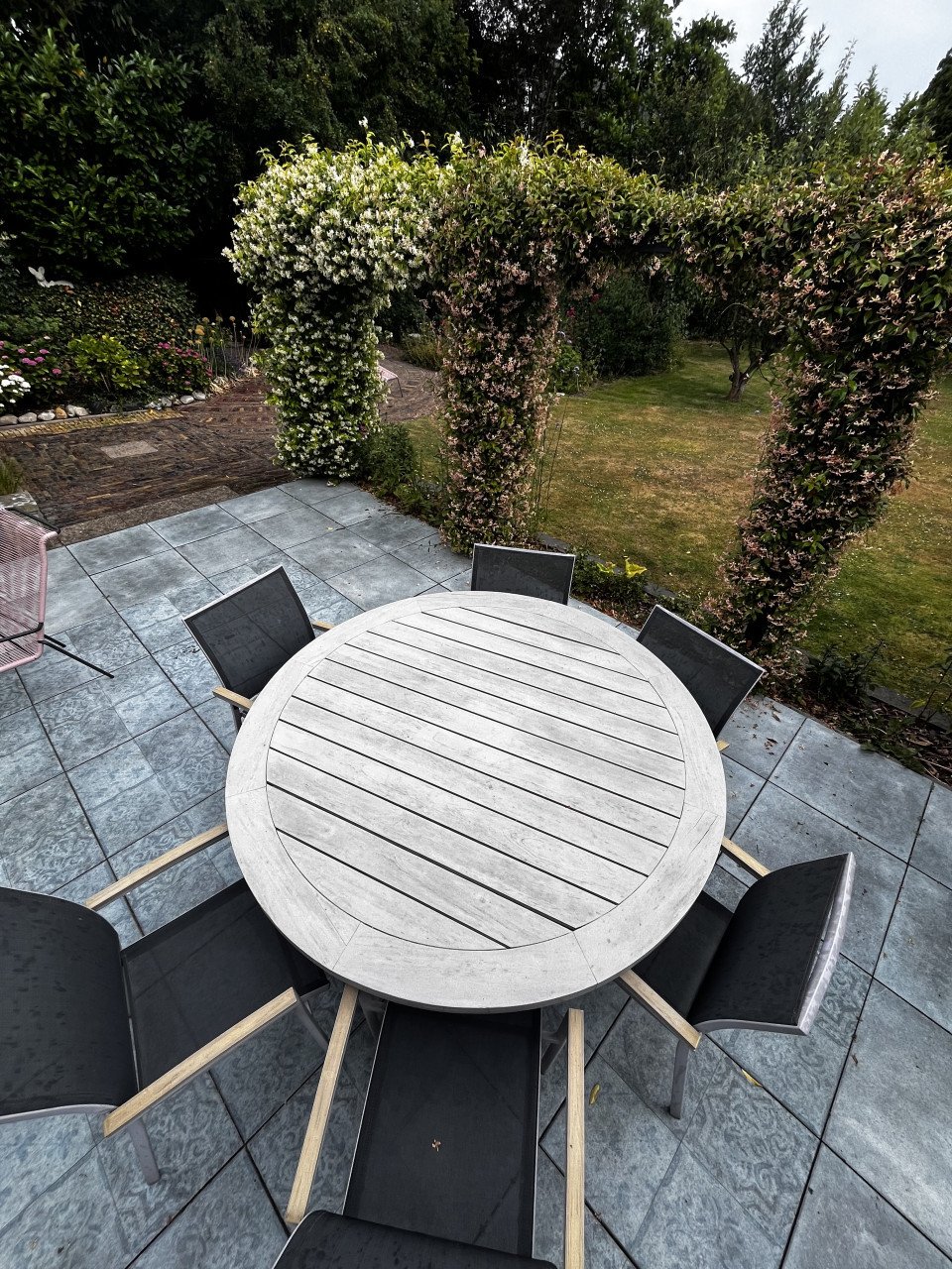Ronde Tuintafel, teak, greywash, 160 cm!