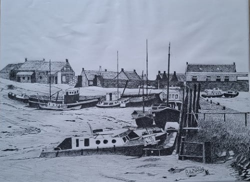 Echte Tekening Van Oude Haventje Kruispolderhaven  LEES