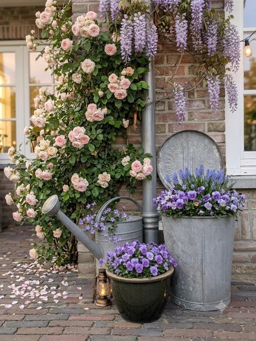 Zinken vuilnisemmer, gieter, bloempot