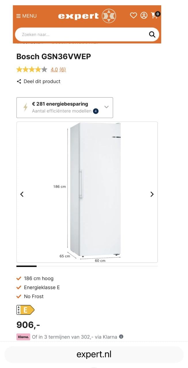 1 jaar oude vriezer BOSCH GSN36VWEP Serie 4  Nofrost vrieskast 186x60 cm.