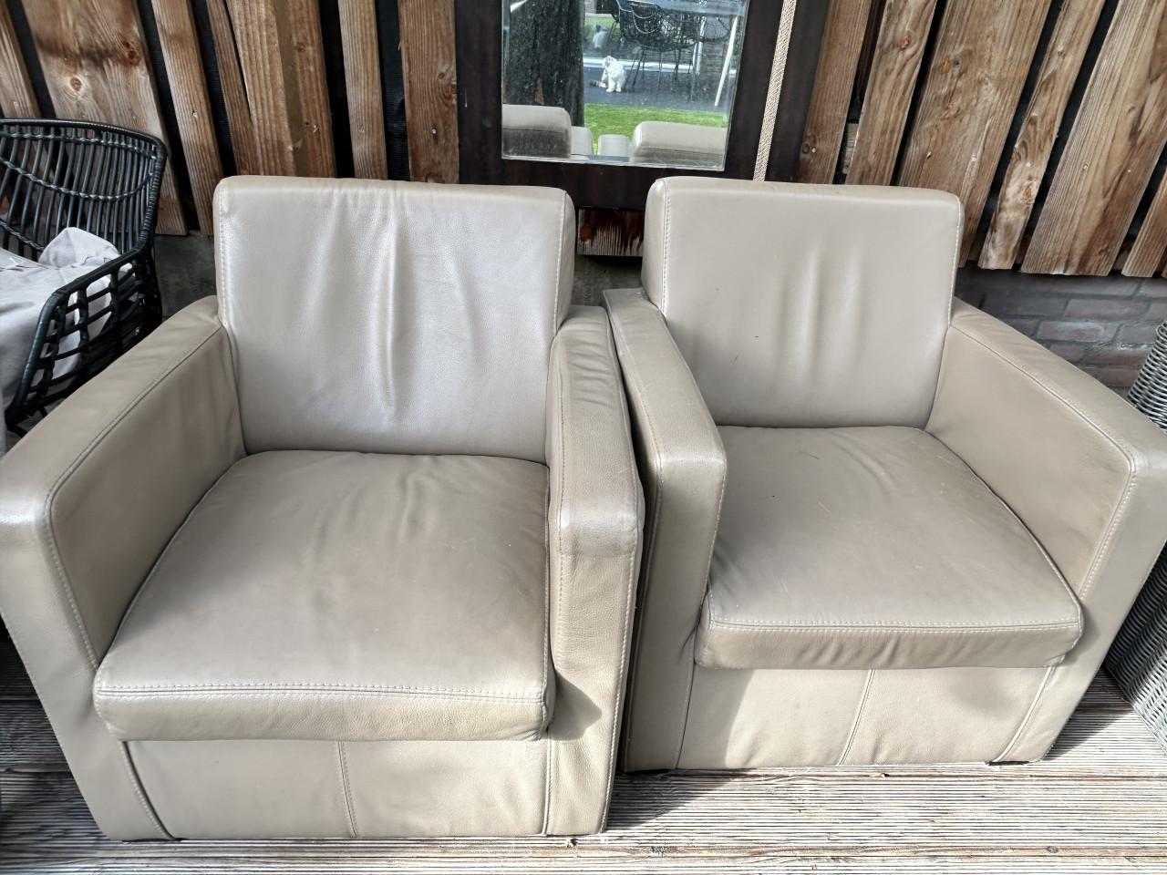 Leren fauteuil 2x taupe Houten Tafel