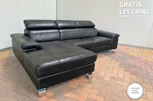 GRATIS LEVERING HEEL NL Zwarte Echt Leer Hoekbank met Chaise Longue