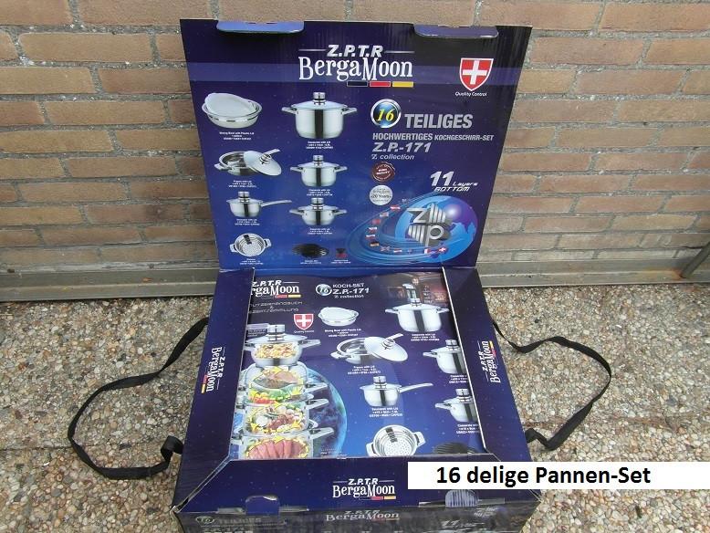 PANNEN UITZET RVS 16 delig NIEUW voor gas-inductie-keramische plaat+elektra