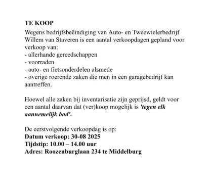 Verkoop gereedschap, onderdelen, restvoorraad