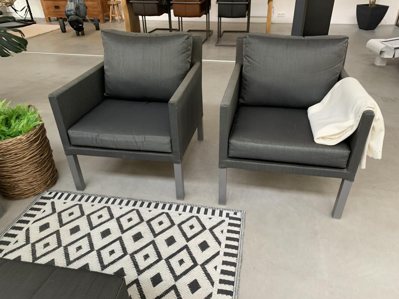 Antracietkleurig All Weather loungeset bank, 4 stoelen en hocker/ tafel.