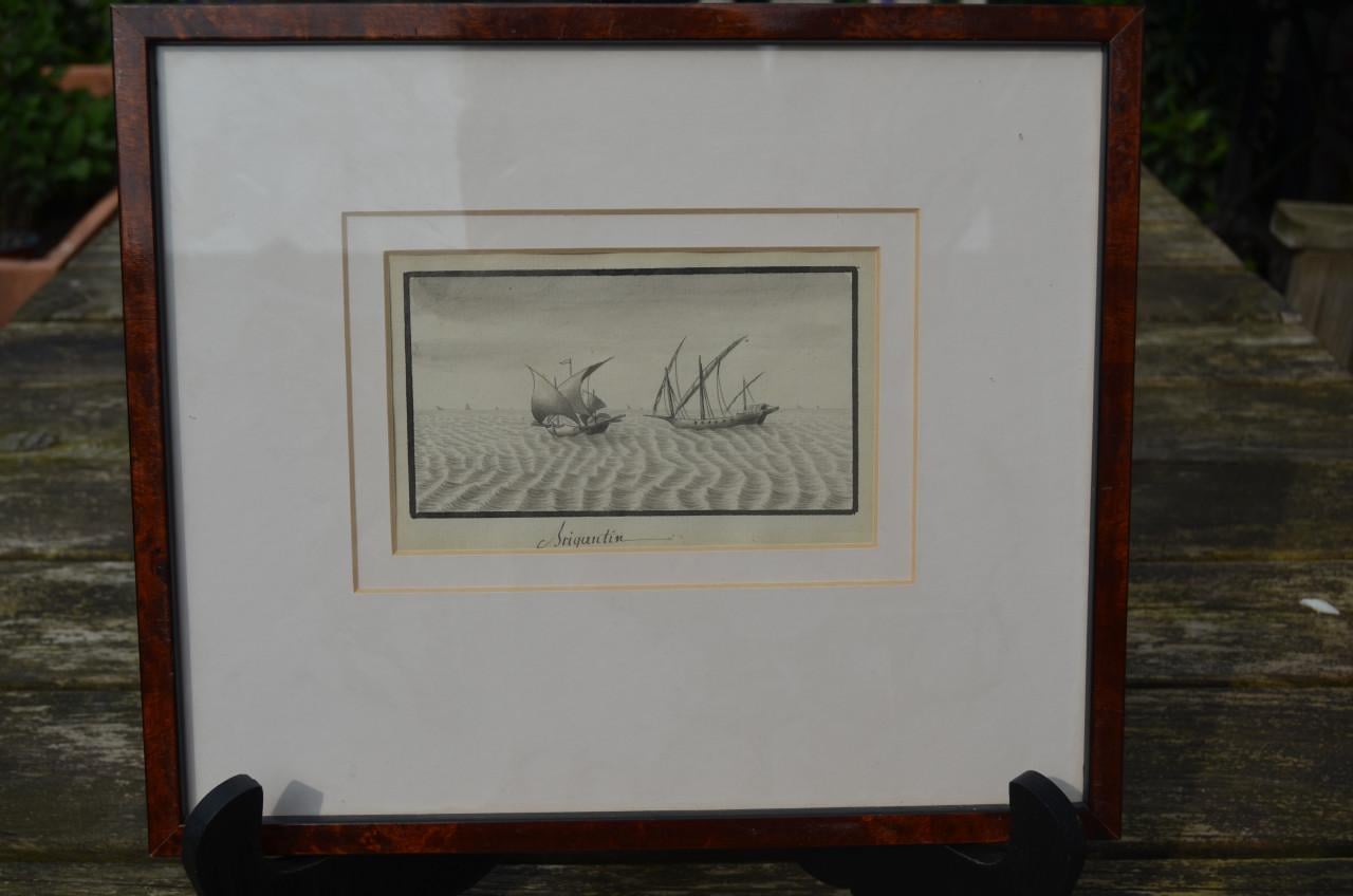 Mooie monochroom aquarel van een Brigantijn