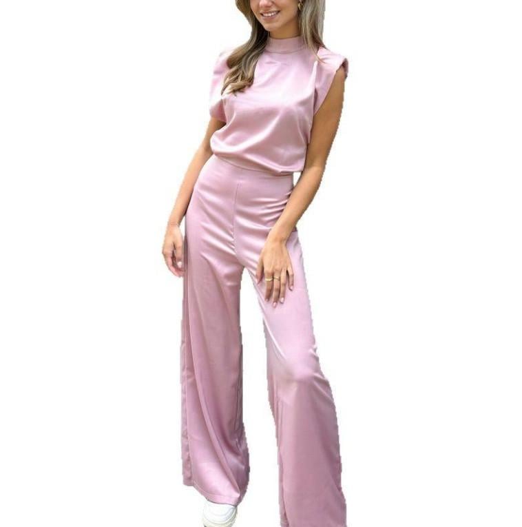Dames mouwloze satijnen jumpsuit met hoge hals en wijde pijpen