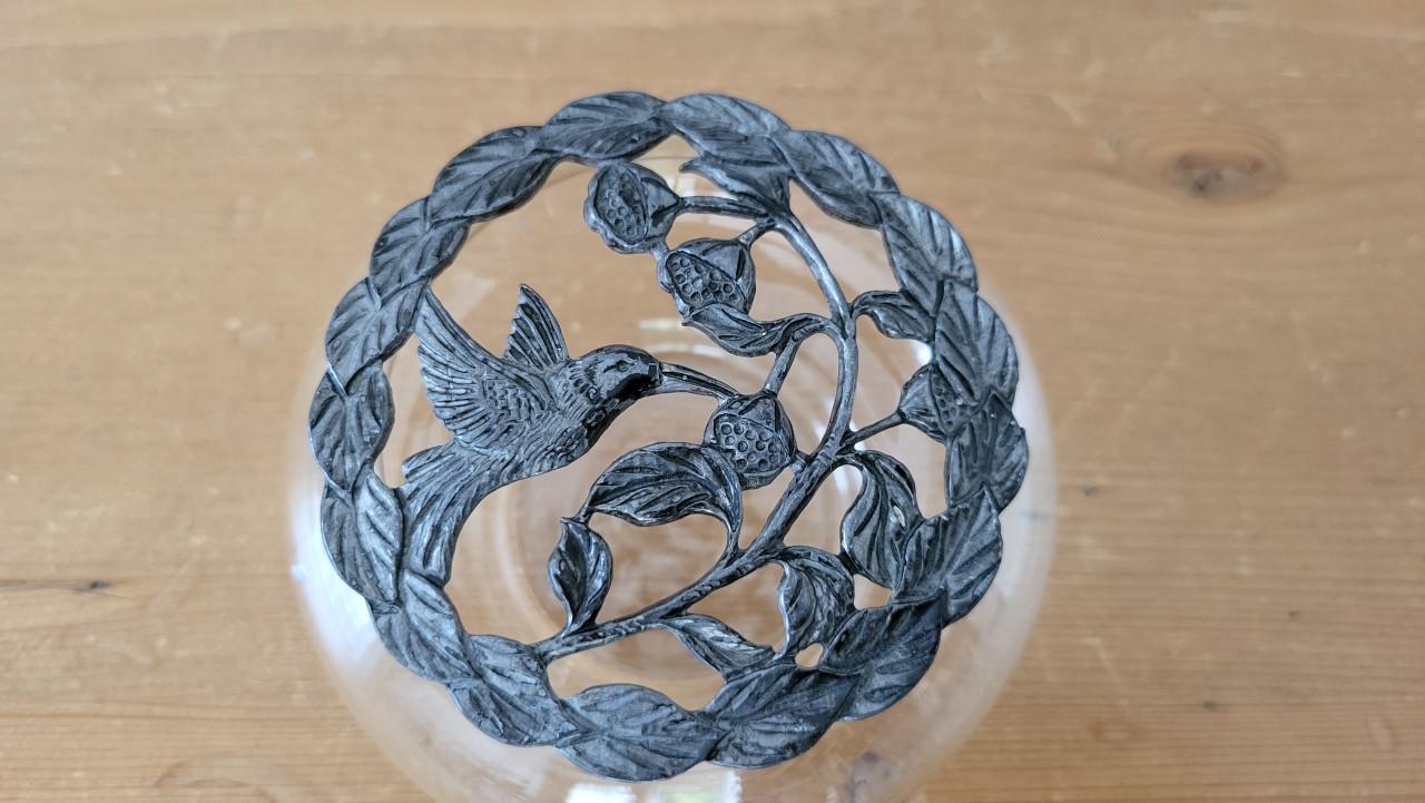 Vintage potpourri schaaltje kolibrie glas tin