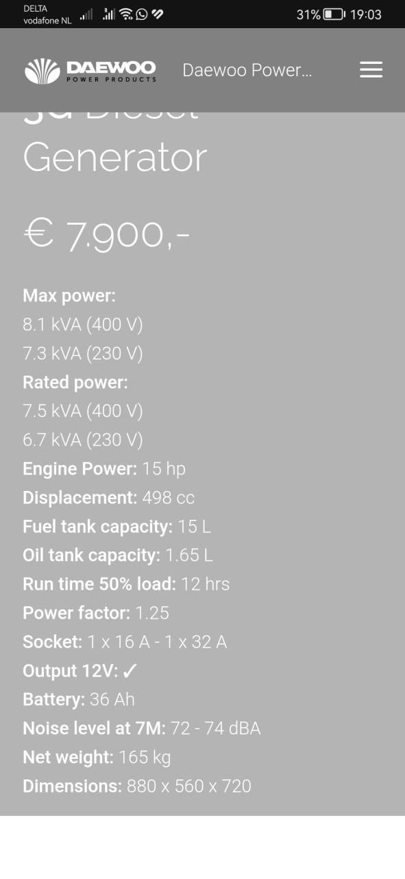 Nieuwe Deawoo 8kW generator