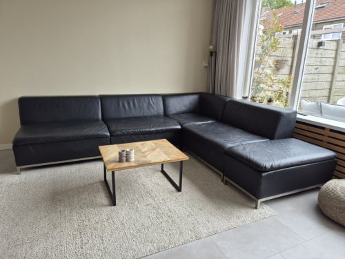 Hoekbank zwart leer Montel incl. hocker