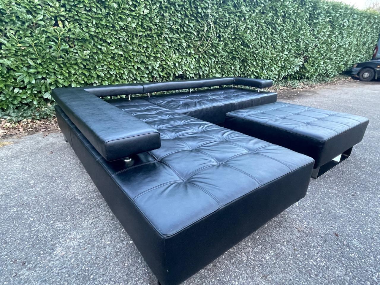 Montèl Cipriani Design Hoekbank-Zwart Echt Leer-Luxe Hocker