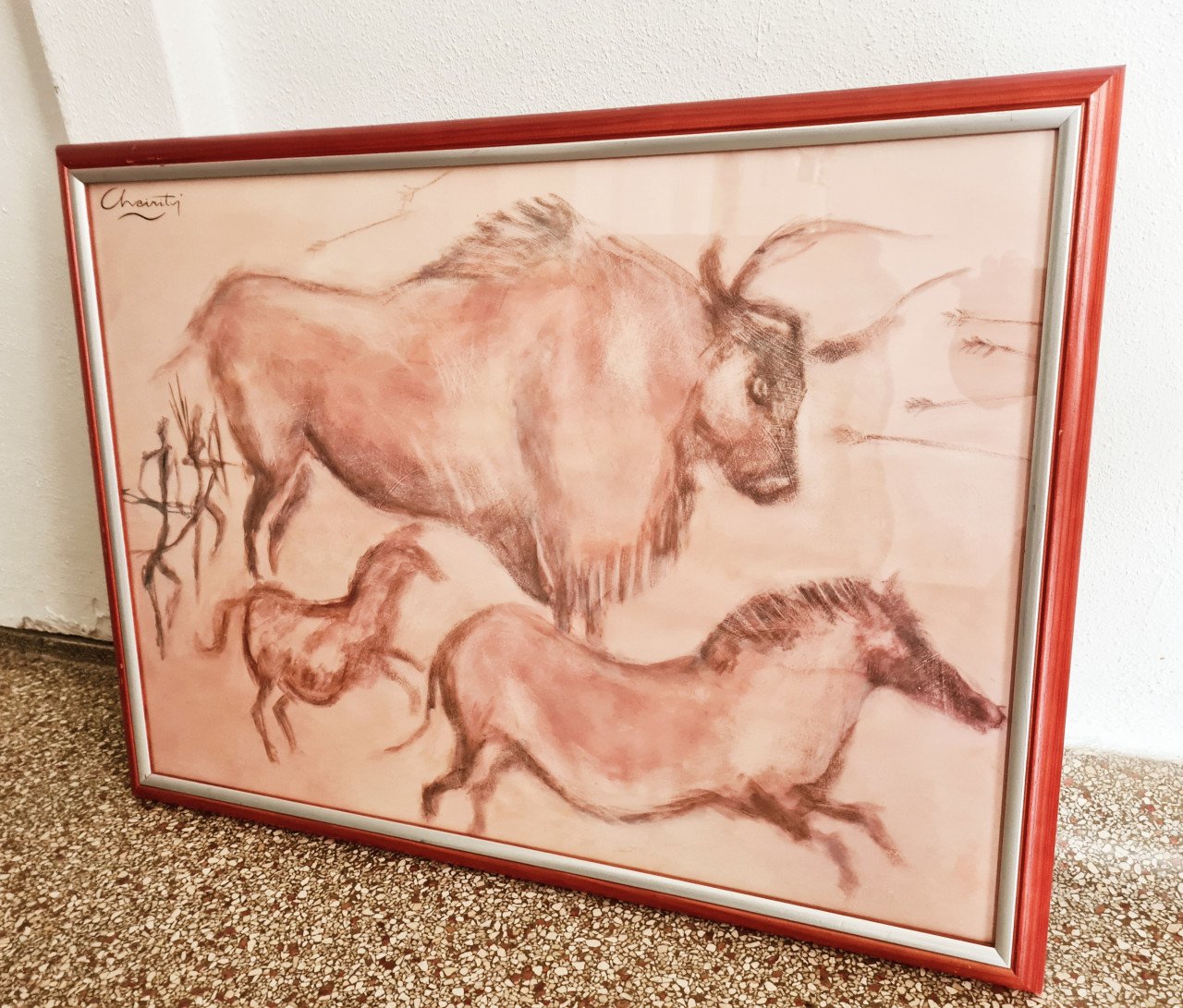 Poster van oerossen en paarden in grote houten schilderijlijst, 75x55 cm