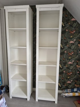 2x prachtige houten boekenkast, open kasten white wash hout.