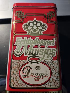 Vintage blik van het merk Dragee voor "Echte Dessert Muisjes",