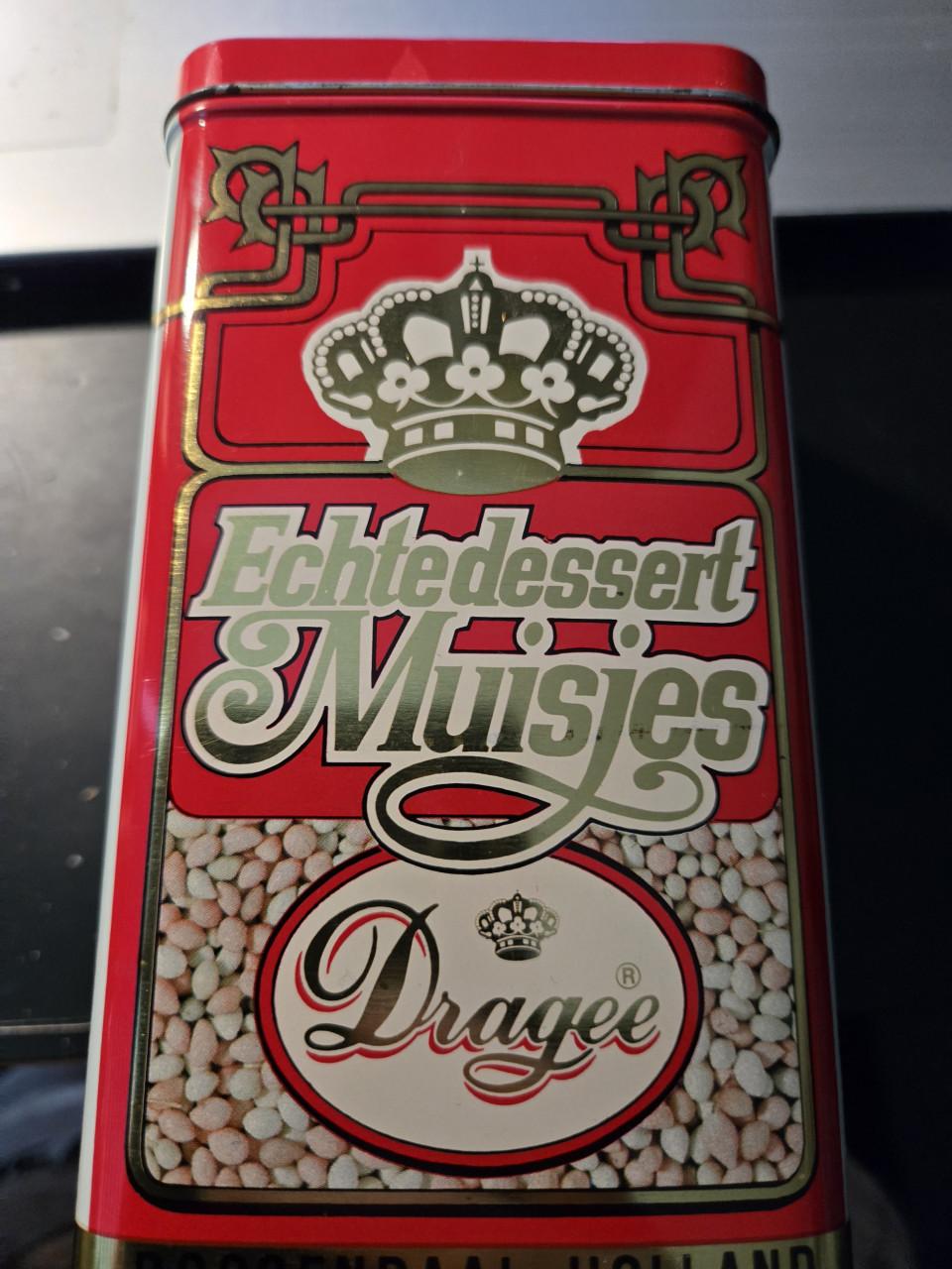 Vintage blik van het merk Dragee voor "Echte Dessert Muisjes",